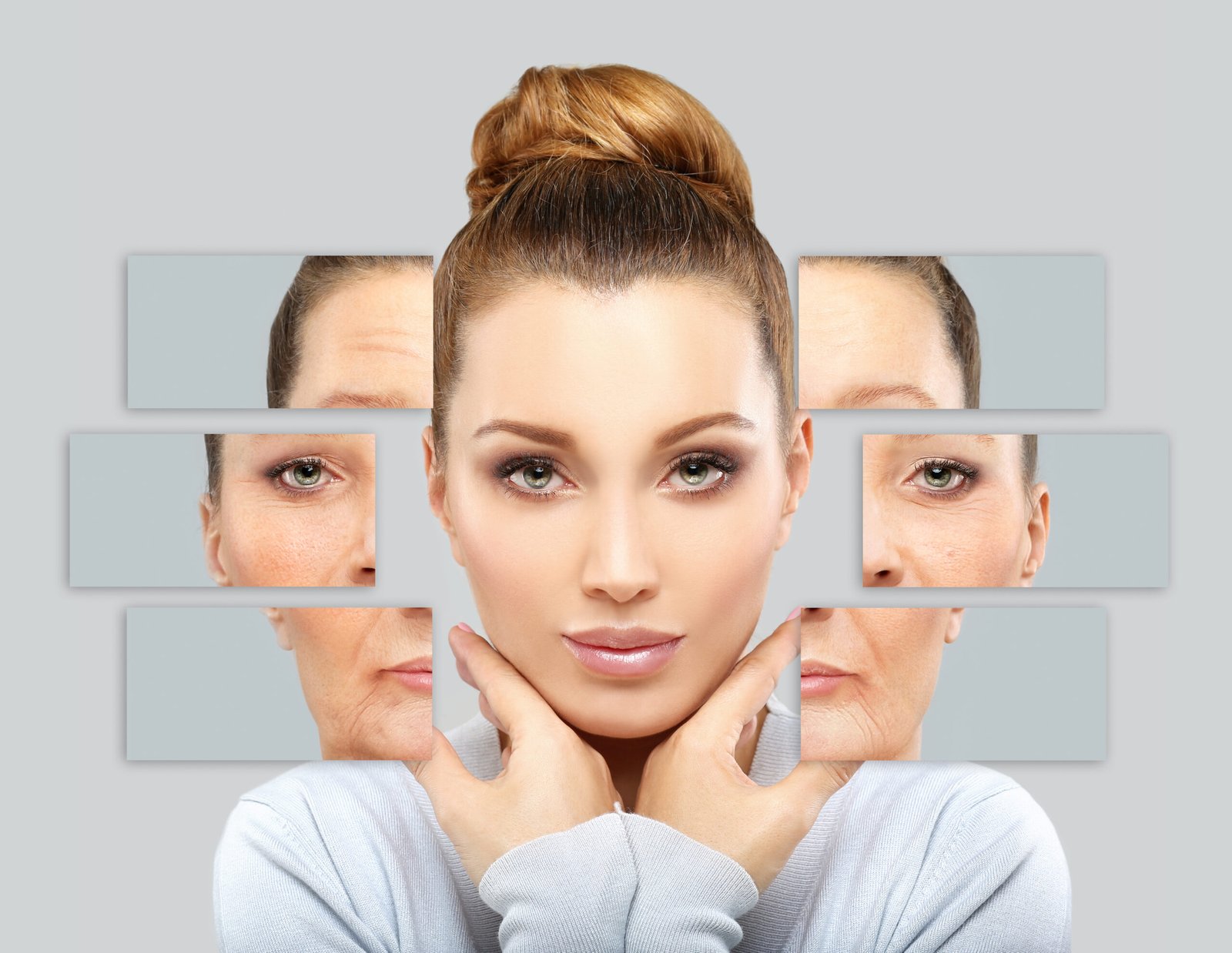Composite image showing the effects of aging on a woman's face, before and after potential treatments.