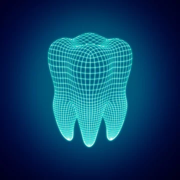 A blue wireframe 3D model of a molar tooth, representing digital dentistry or advanced imaging.