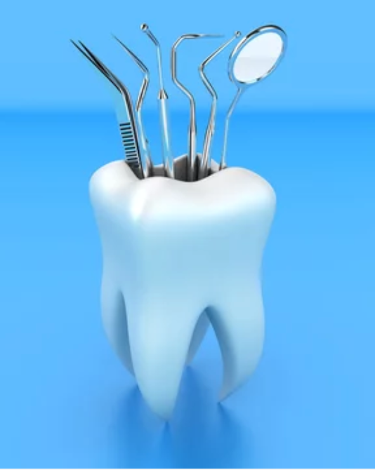 A 3D illustration of a white molar tooth standing upright, with various dental tools such as a mirror, probe, and tweezers, emerging from its top, set against a blue background.