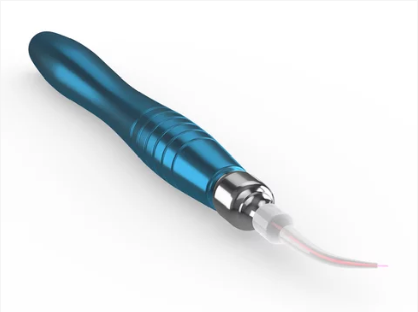A close-up, angled view of a blue and silver dental handpiece with a curved, transparent tip containing a thin red wire, on a white background.