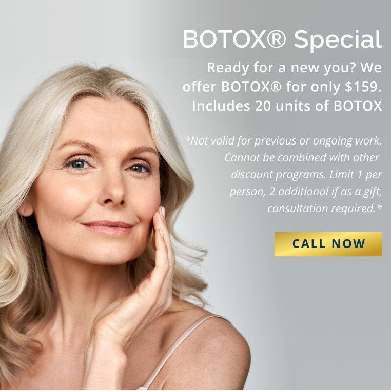 Smiling mature woman with blonde hair gently touching her cheek, advertising a Botox special.